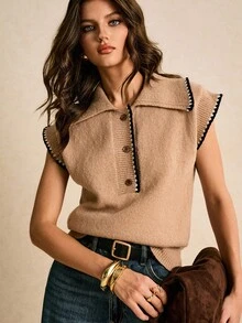 Poéselle Women's Floral Trim Polo Collar Casual Loose Knit Vest - Apricot - View 1