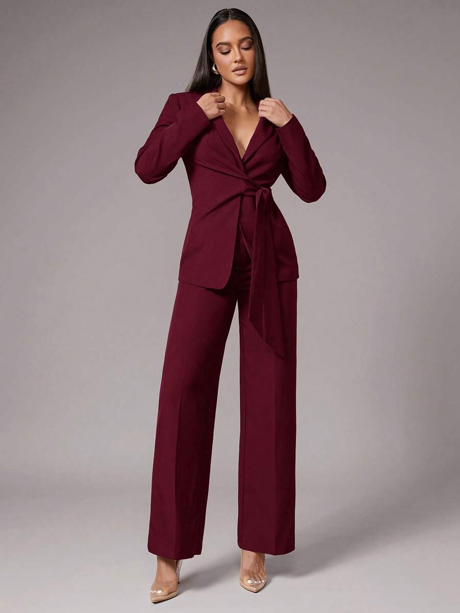 Silquee Traje de chaqueta y pantalones de unicolor con cuello de solapa, manga larga, nudo lateral, elegante para ir al trabajo, adecuado para cóctel, cita romántica, fiesta básica de otoño/invierno, fiesta formal, boda - Burdeos - Ver 1