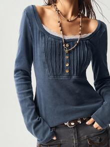 Bohemela Áo thun dài tay viền ren cổ điển thường ngày dành cho nữ, mùa thu - Màu xanh hải quân - Xem 2