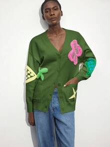 Maija Beżowy damski swobodny, kolorowy, z nadrukiem graffiti, dzianinowy wzór, uniwersalny, dekolt w serek, opadające ramiona, długi rękaw, otwarty przód, wygodny luźny krój, podstawowy styl uliczny, swobodny styl, jesienno-zimowy, ubrania dla kobiet