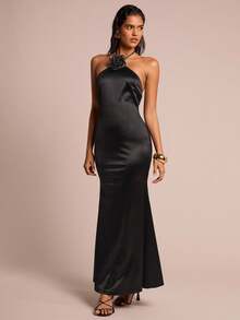 Glamine Women's Silky Satin Knitted Floral Decoration Backless Halter Neck Elegant Maxi Dress, Women's French Black Solid Color Three-Dimensional Flower Decoration Slim Sleeveless Temperament Long Dress, Elegant Sexy Slim Skin-Friendly Breathable Drape Sexy Pure Hot Girl Party Holiday Long Dress Costumes - Black - View 6