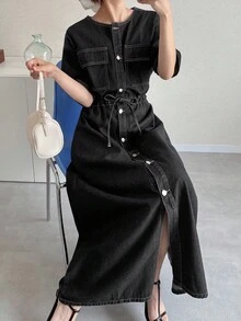 FRIFUL 女士深蓝色短袖收腰口袋装饰缝线长连衣裙，机场/度假装扮连衣裙 - 黑色 - 查看 6