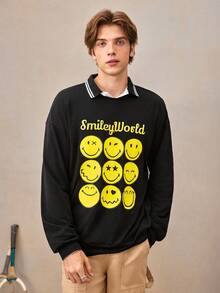 SmileyWorld® | SHEIN تي شيرت كاجوال للرجال بأكمام طويلة فضفاضة وطبعات كرتونية وحروف، مناسب للارتداء اليومي والتنقل، موسم الربيع/الخريف - الأسود - مشاهدة 4