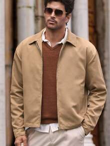 Manfinity BRENVOR 短款休闲简约男士夹克 男士棕褐色夹克 男士浅棕色夹克 男士休闲夏季夹克，老款，秋季，冬季 - 卡其色 - 查看 1