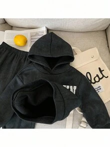 Conjunto de sudadera con capucha y pantalones con estampado de letras para bebé niño, 2 piezas - Negro - Ver 8