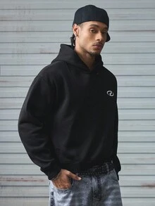 AXEPEAK 男士几何印花长袖休闲宽松连帽运动衫，秋季，秋冬 - 黑色 - 查看 4