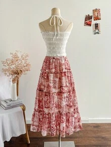 Soleia Women's Allover Print Ruffle Hem Casual Vacation Skirt Bohemian Skirt Long Summer Skirt Long Floral Skirt Tiered Maxi Skirt