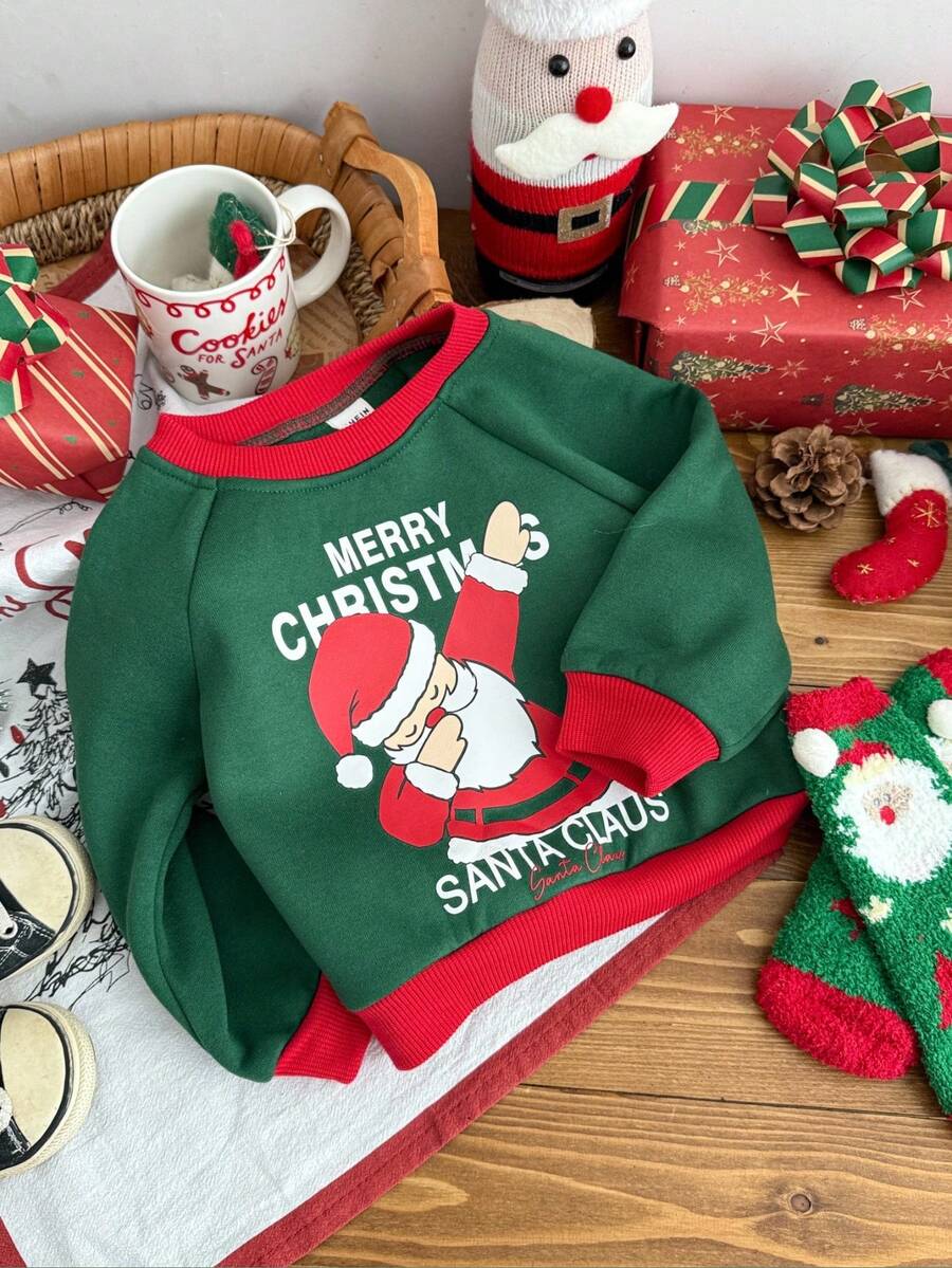 Sudadera con cuello redondo y mangas raglán con estampado de letras de dibujos animados y Papá Noel para bebé niño - Verde - Ver 1