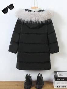 Young Boy New Letter Print Cotton Padded Hooded Jacket, Made Of Soft And Comfortable Cotton, Zipper Design For Easy Wear, Hooded To Protect Head And Neck, Suitable For Playing In Snow, Going To School, And Outdoor Activities Fall Winter - Black - View 2