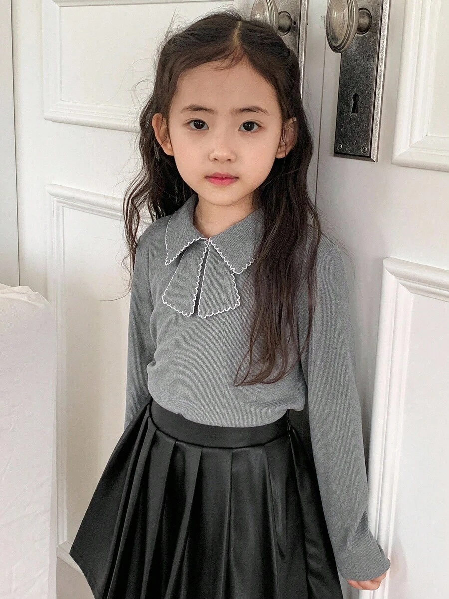 Dazy Kids Young Girl Contrast Scallop Edge Tie Collar Long Sleeve Tee, Casual Daily Commute School Style, Autumn/Spring - Grey - View 1