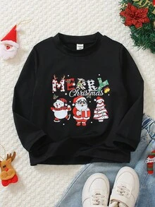 SHEIN Young Boy's Cartoon Ghost & English Letter Print T-Shirt, Fashion Versatile For Party, Daily, Outdoor Occasions Fall Winter,Christmas Clothes - Black - View 3