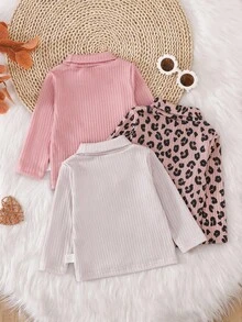 SHEIN 3 件女童秋冬高领长袖上衣 - 纯粉色 + 豹纹 + 猫咪图案汗衫套装 - 彩色 - 查看 2