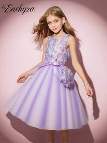 Tween Girls' Floral Printed Sleeveless Mesh Splice Dress With Bag - Purple - View 9