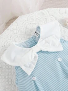 Souflis Souflis Infant/Toddler Girls Casual Elegant Sweet College Style Blue Striped Sleeveless Dress With White Bow Collar Decor, Summer - Blue - View 3