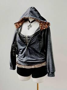 Sunspun Jaket Wanita Motif Retro Punk Y2K, Sweatshirt Musim Gugur - Light Grey - View 3