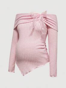 Modmama 孕妇纯色罗纹褶饰蝴蝶结长袖T恤 - 粉色 - 查看 4