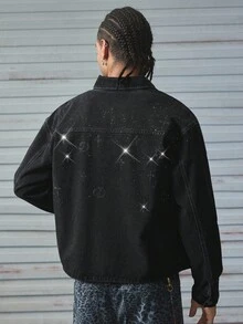 AXEPEAK Men Washed Rhinestone Denim Jacket, Brand High-End Lapel Stylish Short Jacket, Fall - Black - View 2