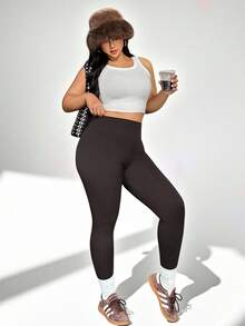 Auralis Athleisure 大码冬季女式纯色高腰无缝运动紧身裤（深棕色）、瑜伽、运动裤、冬季女式慢跑裤、女式冬季运动裤 - 咖啡棕 - 查看 5