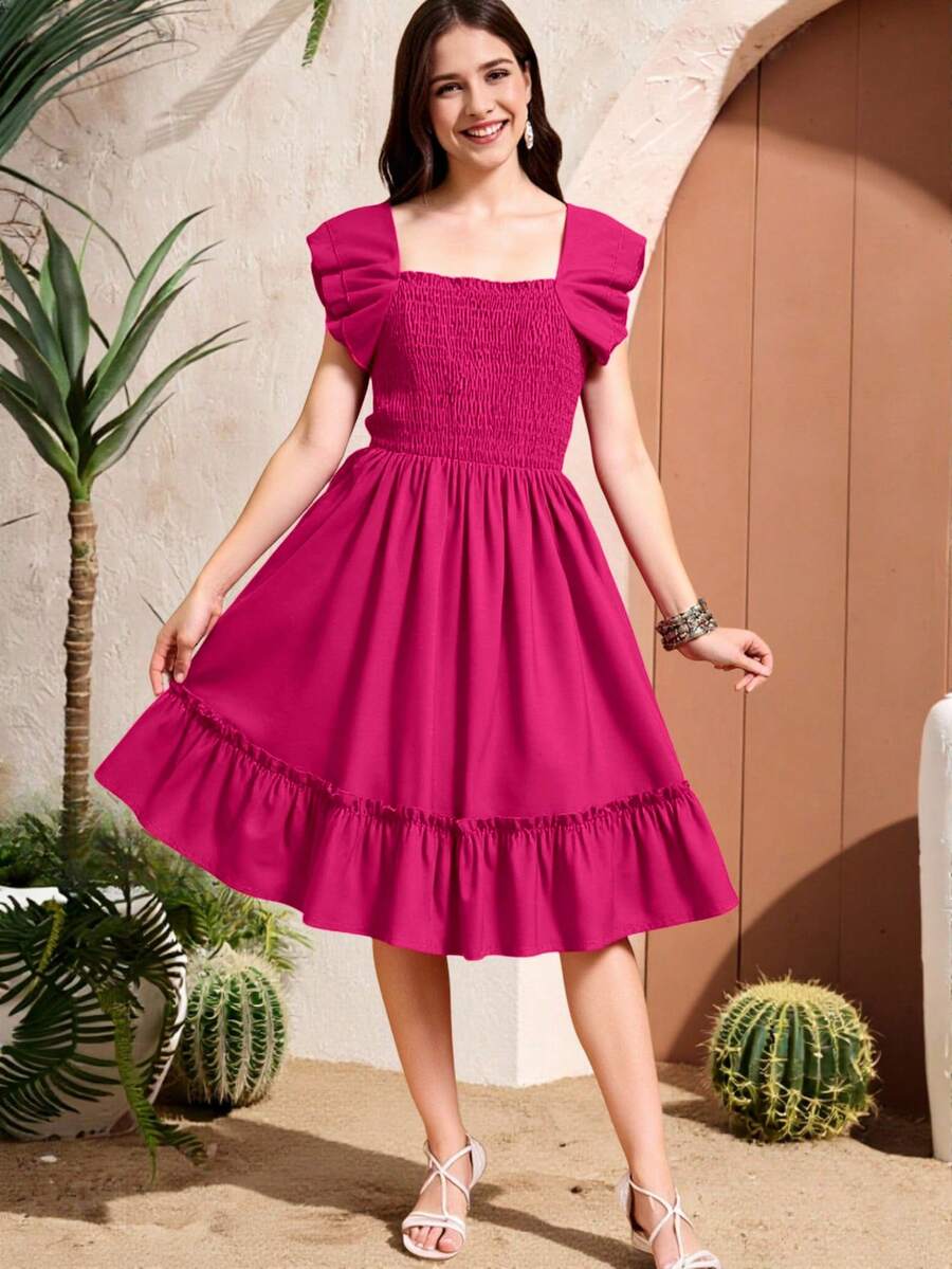 Teen Girls Shirred Bodice Ruffle Hem Dress - Hot Pink - View 1