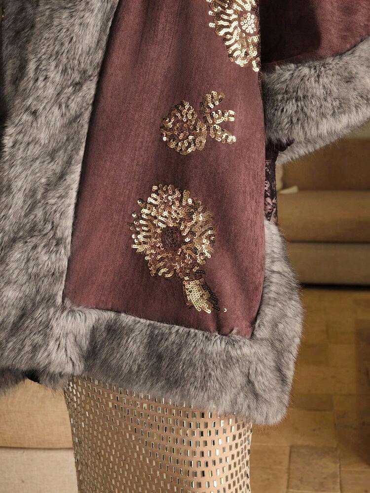 Women's Floral Sequin Pattern Long Cardigan With Faux Fur Collar