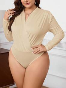 SHEIN Privé Plus Size Women Elegant Ruched Shoulder Casual Bodysuit, Slim Fit Long Sleeve, Suitable For Commuting And Outdoor Wear, Autumn/Winter