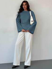 Aloruh Boat Neck Flared Sleeve Cropped Ruched Office Wear Women's Apricot Blouse - Blue - View 4