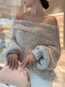 Siren Gaze Áo len nữ thời trang trễ vai đính sequin chuyển màu Áo len ombre Áo len nữ mùa hè Áo len đan Áo len trễ vai Áo len viền lông vũ vào mùa thu/đông - Nhiều màu - Xem 3