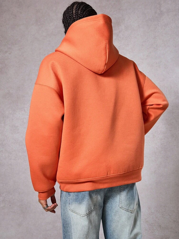 Men's Thermal Lined Hoodie With Burnt Orange Berries Color Letter Graphic Print, Autumn/Winter