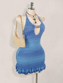 Sweetina Váy len dệt kim không tay dành cho nữ, màu xanh tươi mát cho mùa thu/đông - Màu xanh lam - Xem 4