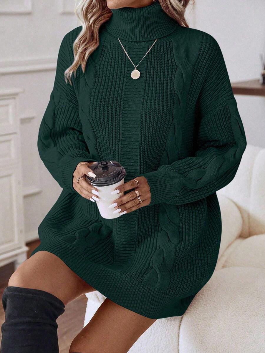 EMERY ROSE Women's Casual Turtleneck Drop Shoulder Long Sleeve Cable Pattern Knit Dress, Autumn/Winter - Dark Green - View 1