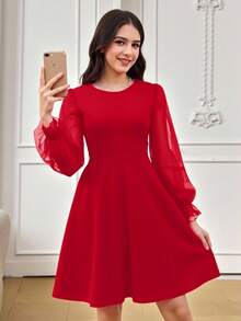 Elegante abito a maniche lunghe con collo rotondo, in maglia tinta unita rossa e patchwork in chiffon, adatto per casual, scuola, ritorno a scuola, occasioni di festa in autunno/inverno