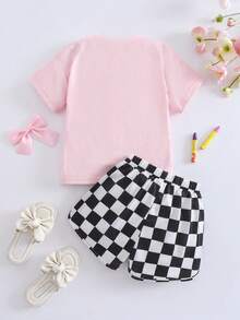 SHEIN 2Pcs/Set Young Girl Back To School Pencil And Bow Print Short Sleeve T-Shirt And Checkboard Pattern Shorts Set, Suitable For Summer Daily Wear - Baby Pink - View 2