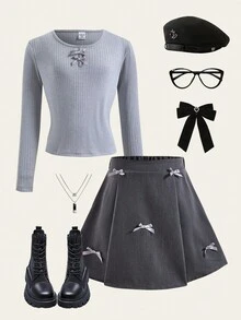 2pcs Set:Light Gray Crew Neck Bow Knit Sweater & Dark Gray A-Line Mini ...