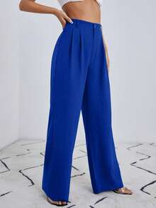 SHEIN Essnce Zipper Fly Fold Pleated Solid Wide Leg Trousers - Royal Blue - View 4