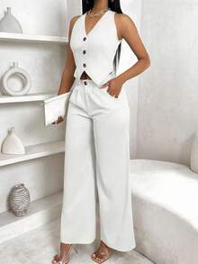 BamGleam Bộ 2 món áo vest đơn hàng khuy và quần ống rộng dáng rộng thoải mái dành cho nữ - trắng - Xem 1