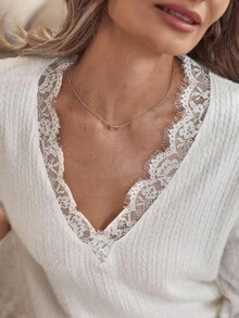 Louniche Women's Solid Color Velvet V-Neck Lace Patchwork Long Sleeve T-Shirt, Autumn/Winter - White - View 6