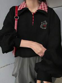 FRIFUL Women's Regular Collar Loose Plaid Fabric Patchwork Front Cute Animal Decor Collegiate Style Fleece Thick Sweatshirt, Autumn Kawaii Shirt Dark Academia Clothes Korean Fashion Anime Clothes Aesthetic Clothes,Winter