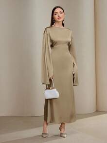 Veilorie 女式优雅纯色束腰长袖连衣裙 - 卡其色 - 查看 4