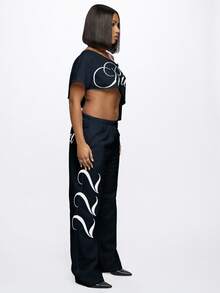 SUMWON WOMEN 奢华天使文字运动裤家居服舒适文字印花宽松休闲秋冬宽腿舒适时尚裤 - 藏蓝色 - 查看 6