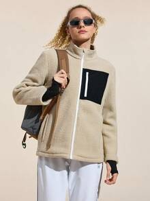 Exploreva Chaqueta de forro polar con cremallera, cuello alto y bloques de color, para uso casual, diario y deportivo de mujer, para otoño/invierno - Albaricoque - Ver 1