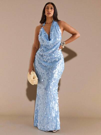 SHEIN BAE Plus Size Spring Summer Blue Halterneck Asymmetrical Swing Neck Metal Buckle Decoration Open Back Fishtail Swing Seaside Resort Party Sequin Maxi Dress, Resort Dress, Blue Sequin Glitter Dress, Sequin Dress
