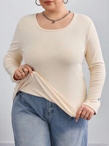 SHEIN CURVE+ Maglietta casual a girocollo oversize, tinta unita, adatta a ogni occasione - Albicocca - Visualizzare 7