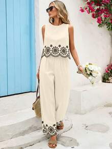 Vivid Eden 女士优雅棉质刺绣吊带背心和裤子两件套 - 白色 - 查看 3