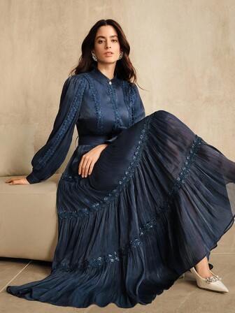 Anewsta Robe longue à manches longues en mousseline de soie avec col rond et patchwork en dentelle, automne/hiver