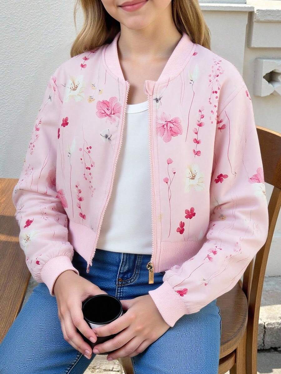 SHEIN Tween Girl 花卉和树叶印花短款飞行员夹克，轻盈秋季