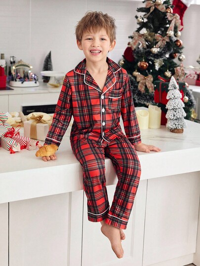 FamilyFrolics 2pcs Christmas Plaid Comfortable Family Matching Pajamas Set, Cute Toddler Boy Long Sleeve Top And Pants, Cardigan Sleepwear Homewear Outfit