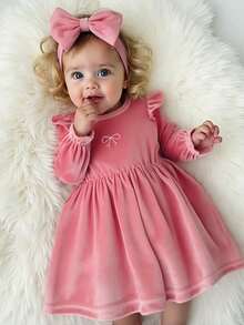 SHEIN 春秋季宝宝女童儿童时尚简约可爱甜美粉色天鹅绒柔软面料花蕾长袖圆领蝴蝶结图案纽扣上衣日常穿搭必备 - 紅木色 - 查看 10