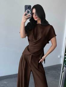 Firerie Women's Elegant Commuter Wrap Chest Tie Waist Top And Wide Leg Pants Set - Coffee Brown - View 6