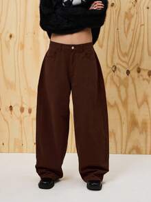 COUREZ Quần ống rộng cạp thấp dáng phồng bằng cotton với vòng kim loại phía sau / Trang phục đi chơi phong cách Y2K, quần áo mùa thu cho nữ, quần áo mùa đông cho nữ, quần ống rộng thường ngày phong cách rave. - Màu Khaki - Xem 2