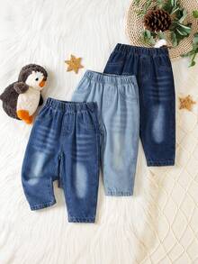 SHEIN Bộ 3 quần jeans phong cách thường ngày cho bé gái, màu xanh nhạt, xanh vừa, xanh đậm, dáng ôm, chất liệu denim cotton thoải mái, thích hợp mặc hàng ngày, xuân/hè/thu/đông - Nhiều màu - Xem 7
